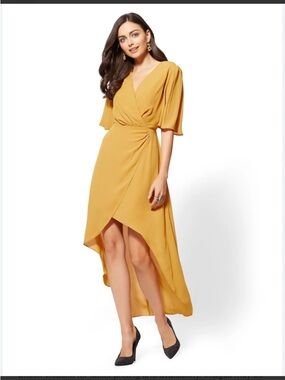 New York & Company Mustard Yellow Wrap-Front High-Low Midi Dress